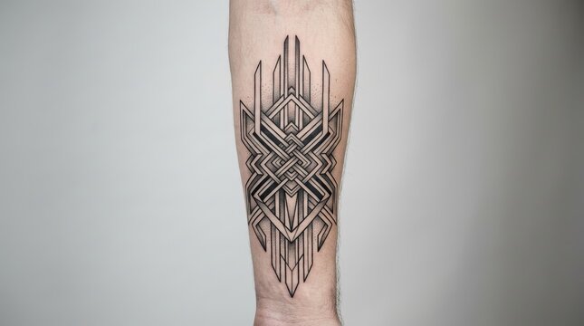Intricate Geometric Tattoo Design on Arm, Black Ink Abstract Pattern