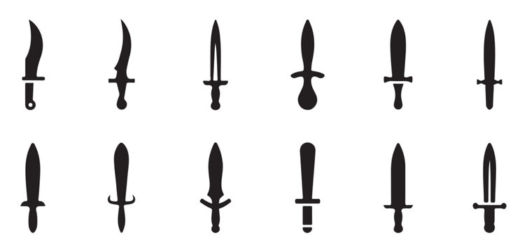 Dagger vector black silhouette icons set isolated on transparent background for games and apps.
