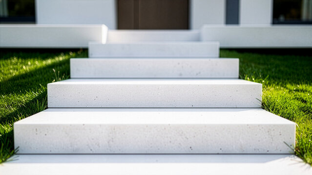 Newly installed white concrete steps lead to a modern home entrance amid lush green grass, highlighting home improvement and new step installation
