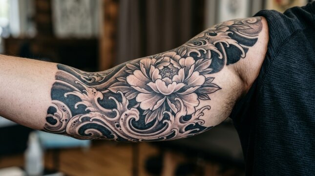 Intricate Japanese peony flower and wave tattoo design on man's arm, black ink