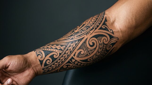 Intricate Polynesian Tribal Tattoo Design on Male Forearm, Black Ink Art