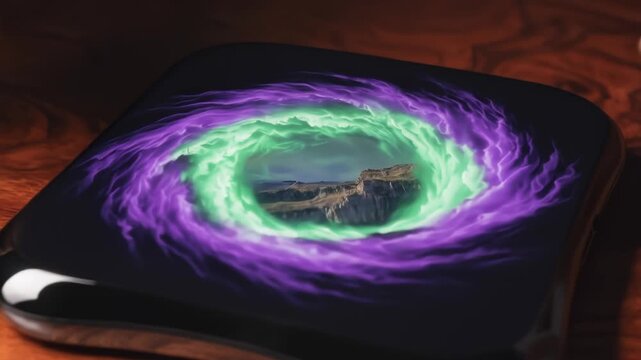 Fingers interacting with a swirling vortex portal on a sleek device, suggesting futuristic technology and interdimensional travel