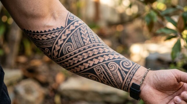 Intricate tribal forearm tattoo - Polynesian Maori inspired arm design
