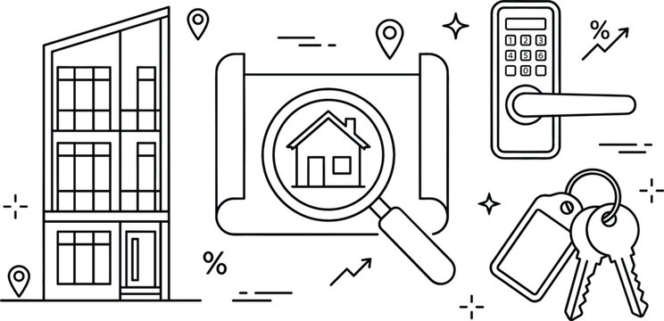 Real estate smart home property icons set with apartment building blueprint search smart lock keys linear outline vector