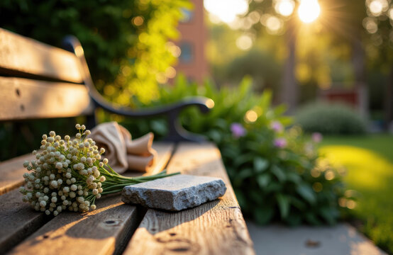 Bouquet on wooden bench in sunlit garden evoking calm and giga concept