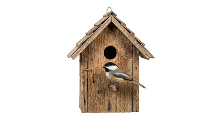 Small chickadee bird perched on a rustic wooden birdhouse with a hole © Sapphire