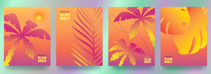 Obraz premium A set of summer abstract backgrounds with gradients and textures, featuring sun and palm leaves. A modern, minimalist design template for sales, horizontal posters, headers, and covers. Summertime.