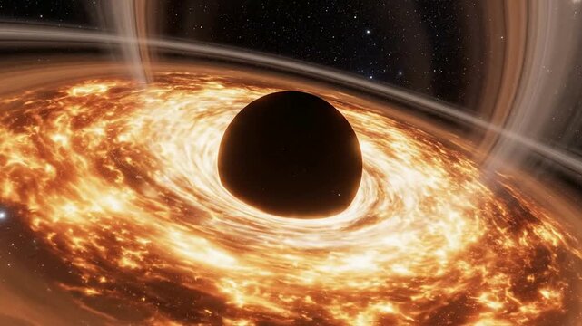 Cinematic black hole with glowing accretion disk and event horizon in deep space, realistic astronomical simulation of a supermassive singularity