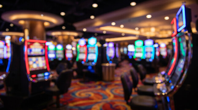 Blurred casino interior with colorful slot machines and neon lights, luxury gaming floor background with bokeh and nightlife atmosphere.