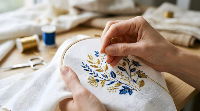 Hand Embroidery of Floral Design with Gold and Blue Thread