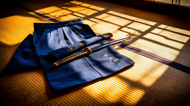 hakama. A neatly folded deep blue hakama and bamboo sword on tatami mat flooring. event programs, museum guides, designed for cultural heritage projects and event programs, supports education.