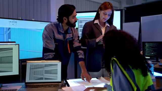 Engineering and business professionals discussing architectural building model and project development strategy in modern collaborative workspace