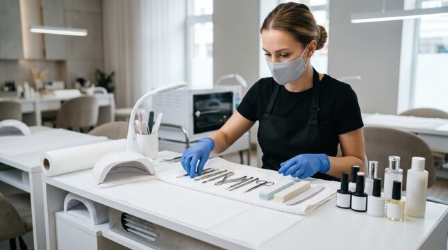 Nail technician sterilizing manicure tools and preparing clean station with files, buffers and fresh towel before client service begins.