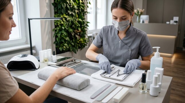 Nail technician preparing client hands at clean manicure station with sanitized tools, fresh towel and organized products for hygienic service.