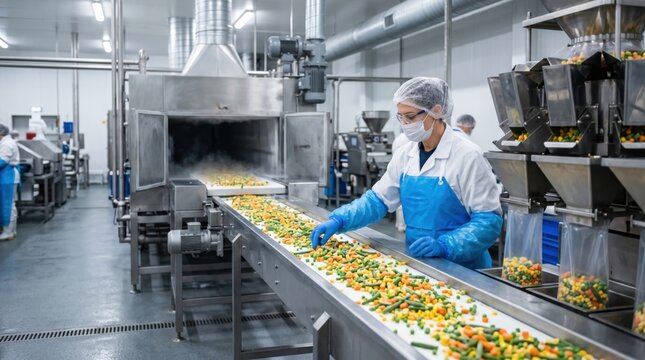 Frozen food production line with worker checking vegetables on conveyor, showing clean industrial freezing, sorting, weighing and packaging workflow in modern factory setting.