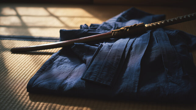 hakama. A neatly folded deep blue hakama and bamboo sword on tatami mat flooring. event programs, museum guides, designed for cultural heritage projects and event programs, supports education.