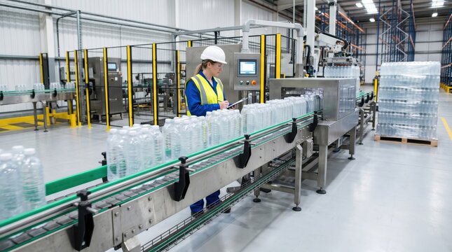 Bottled water final packaging line with operator supervising sealed packs, palletizing equipment and clean beverage factory logistics workflow.