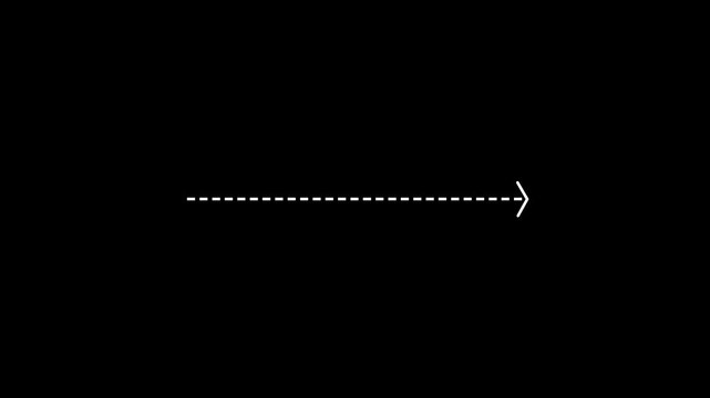 Minimalist white dashed line arrow animation pointing right on a clean black background, modern user interface digital navigation and motion projects