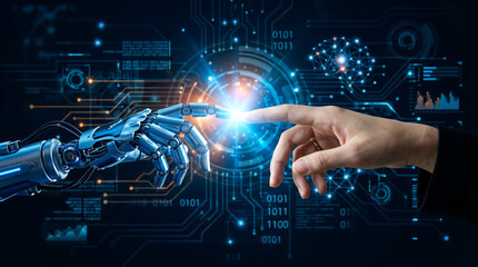 Fototapeta premium Human hand touching robot hand, symbolizing artificial intelligence, future technology, and digital connection on a circuit background