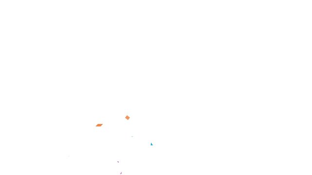 Colorful fireworks confetti explodes on white background, animation of the explosion and fall of confetti. confetti bomb effect from the inside glitter background with gold slowly falling in 4k video