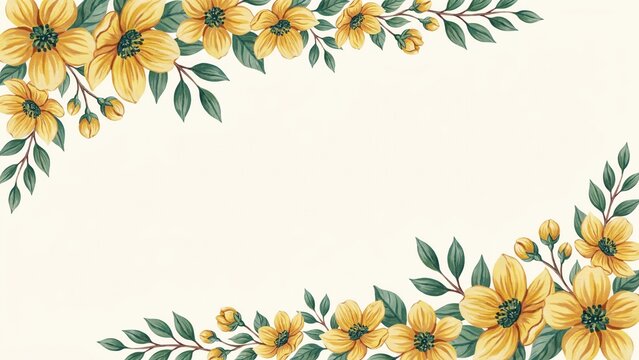Watercolor yellow flowers border and frame isolated on white background