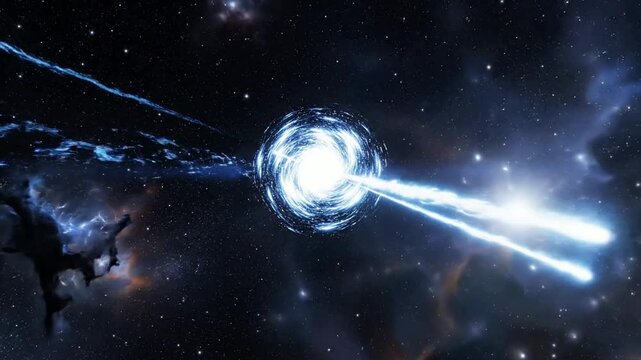 Cinematic pulsar star emitting intense energy beams in deep space: realistic cosmic nebula background, with rotating neutron, star and light rays
