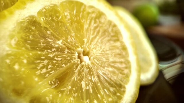 Fresh lemon slice macro close up moving light reflections citrus fruit texture juicy food background