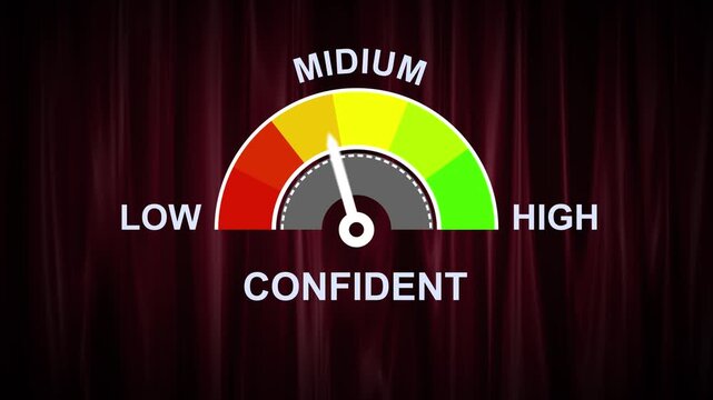 A confidence meter with a mid-range reading, set against a black background, illustrating psychological states and personal development concepts visually. CONFIDENCE text or word low and medium..