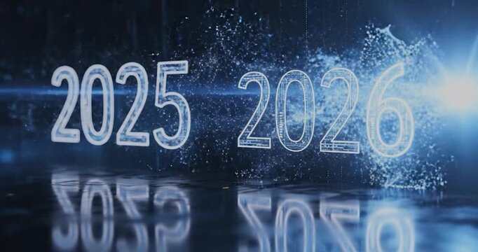 Futuristic date numbers in neon light.