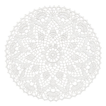 Delicate white lace doily with intricate floral and butterfly patterns