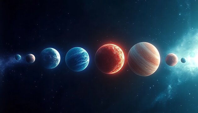 Solar system planets in cosmic nebula with stars and galaxies.