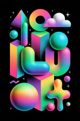 Fototapeta premium Vibrant 3D Geometric Shapes with Rainbow Gradients on Black Background, Abstract Art
