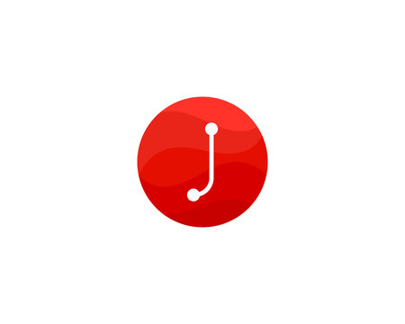 Letter j node connection icon. Minimalist red tech logo for data network, digital infrastructure, information system, smart link, cloud computing, communication and innovative software startup.