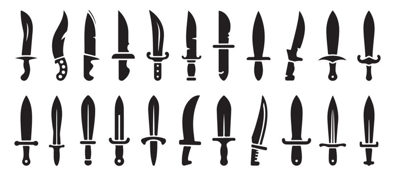 Assorted knives and daggers for combat and hunting applications, sharp and dangerous.