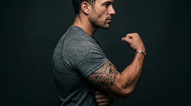 Muscular Man Flexing Bicep with Tribal Tattoo - Strong Physique Profile