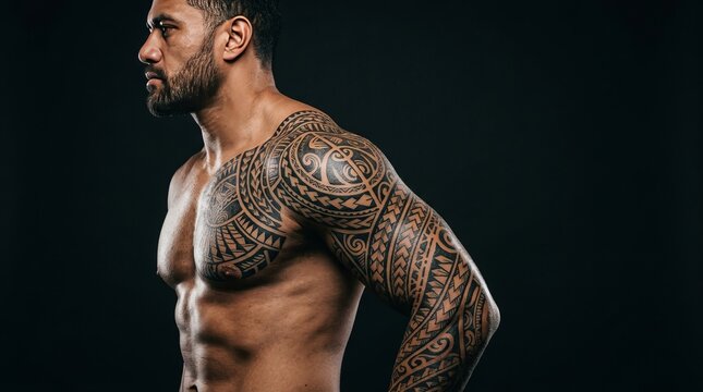Muscular Man with Full Sleeve Tribal Tattoo Posing Against Dark Background