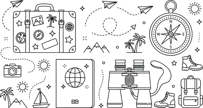 Travel and adventure icons set with suitcase passport compass binoculars backpack camera paper planes outline doodle vector