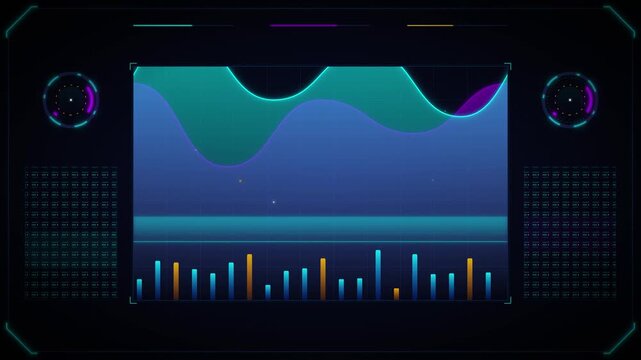 Futuristic hud data interface with animated waveforms and digital bar graphs dashboard