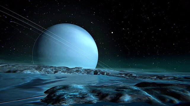 3D animation showing Triton's icy surface with nitrogen frost, cryovolcanoes, and unique terrain.