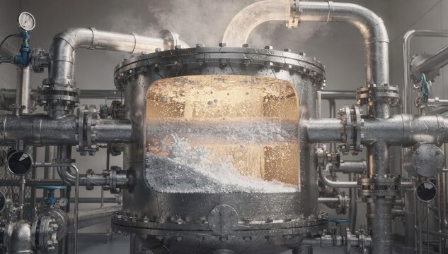 Medium shot focusing on a steampowered evaporative crystallizer producing ammonium chloride emphasizing the interaction of steam flow and crystallization in the industrial