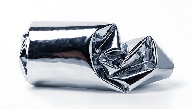 Crushed aluminum can with reflective surface showing metallic texture and deformation on white background