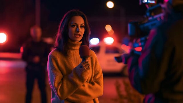 Television reporter at night crime scene, breaking news, media coverage