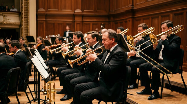 Symphony orchestra brass section performing in a grand hall