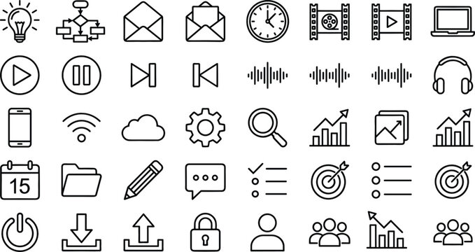Web and multimedia business icons set with player buttons settings chart graph cloud mail linear outline doodle vector