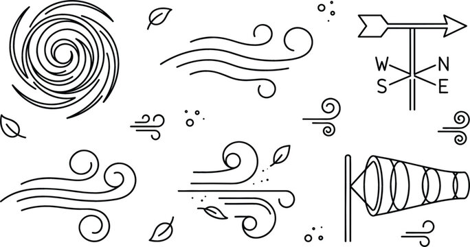 Wind weather climate icons set with blowing breeze hurricane vortex weathervane windsock leaves swirls linear outline doodle vector