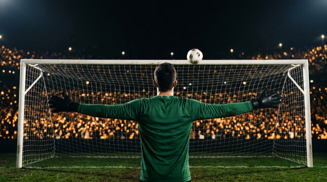 Goalkeeper arms spread back view watching crossbar rebound.