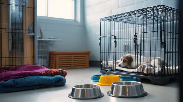 Sad puppy lying in kennel cage at animal shelter, feeling abandoned and waiting for adoption