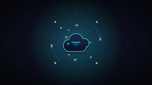 Cloud computing data sync animation with glowing digital interface and network particles