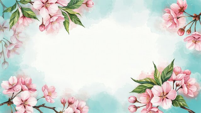 Watercolor cherry blossom frame with pink flowers and green leaves on light blue background