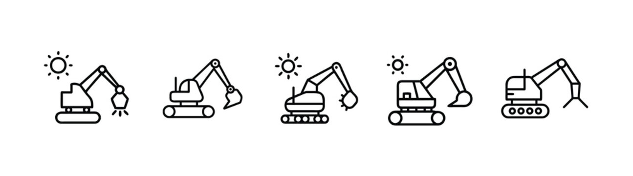 Heavy construction excavator machinery vehicles web line icons set digger bucket crane arm hydraulic shovel track tractor grabber claw & more vector illustration with editable stroke